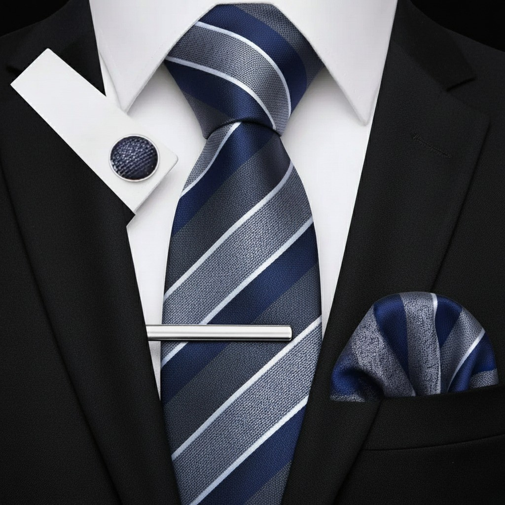 Gravata Masculina Azul Listrada com Cinza