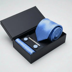 Kit masculino com gravata azul texturizada, lenço de bolso, abotoaduras e prendedor