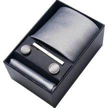 Kit masculino com gravata prata texturizada, abotoaduras, lenço e prendedor