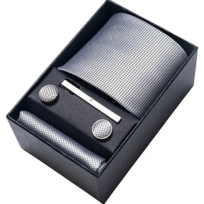 Kit masculino com gravata prata texturizada, abotoaduras, lenço e prendedor