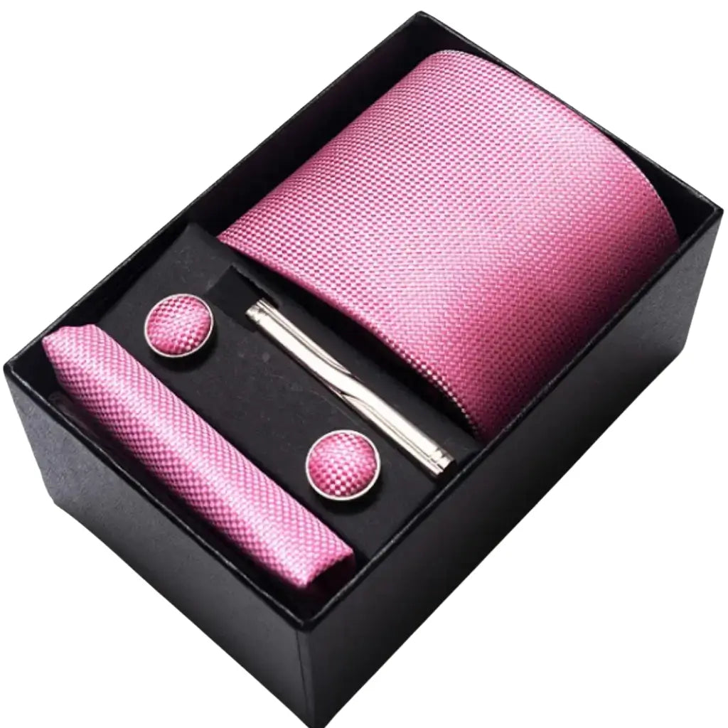 Kit masculino com gravata rosa texturizada, abotoaduras, lenço e prendedor