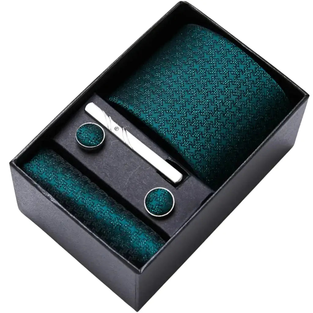 Kit masculino com gravata verde texturizada, lenço de bolso, abotoaduras e prendedor