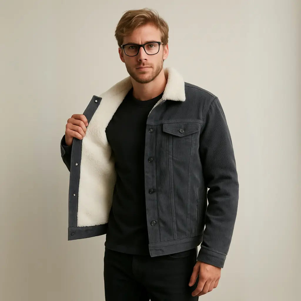 Jaqueta Masculina cor grafite e com forro na cor branca 