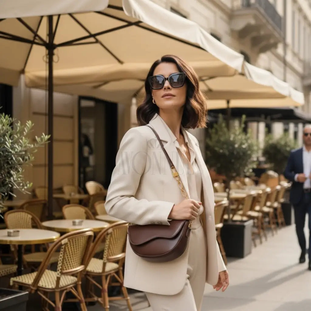 Modelo feminina AVONNUE em look sofisticado, bolsa marrom estruturada a tiracolo com alça dourada em corrente elegante.