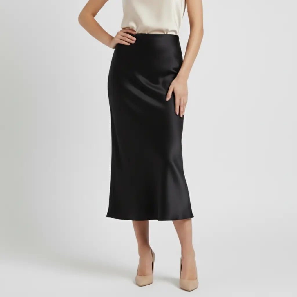 Mulher usando saia midi preta em cetim Verona com salto nude e blusa clara