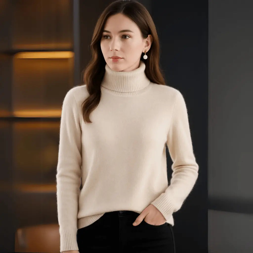 Sueter feminino de gola alta bege claro com textura canelada