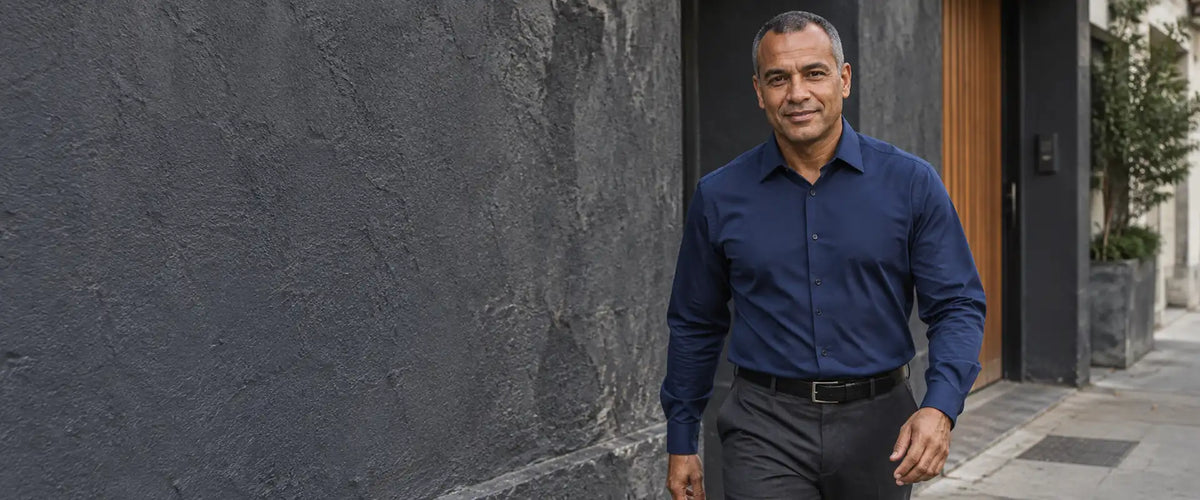Homem de frente, com camisa social azul-marinho de mangas longas, calça cinza e cinto preto, em uma calçada junto a uma parede escura.