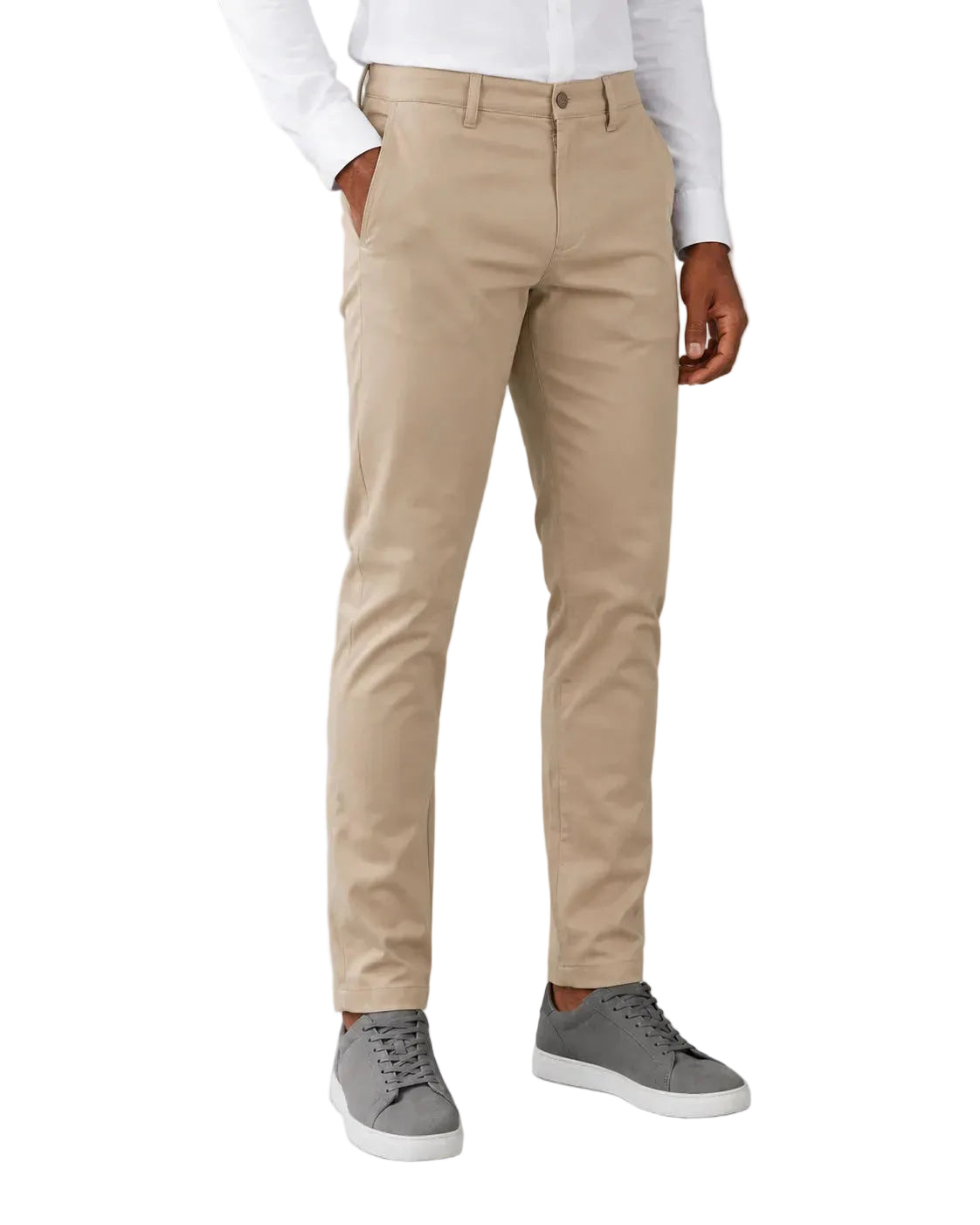 Calça Masculina em Sarja Valori Bege, vista de frente em fundo branco.
