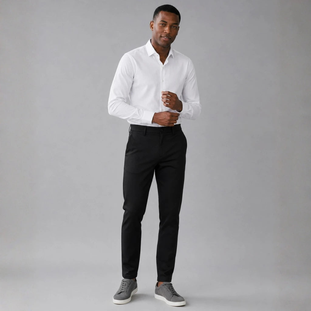 Homem vestindo calça masculina em sarja preta com camisa branca e caimento slim