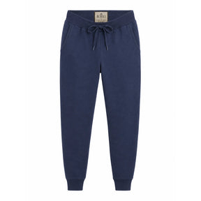 Calça de moletom masculina azul marinho em fundo branco, vista frontal com cordão e punhos