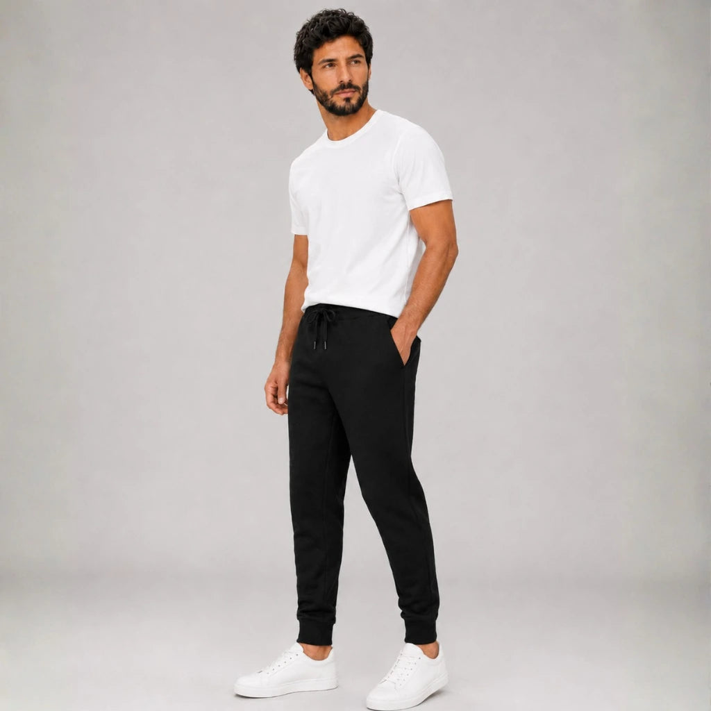 Homem vestindo calça de moletom masculina preta em leve perfil com camiseta branca