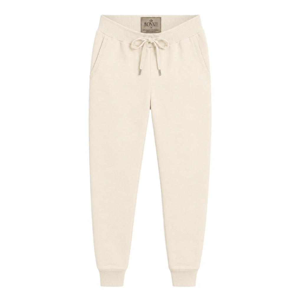 Calça de moletom masculina off white em fundo branco, vista frontal com cordão e punhos