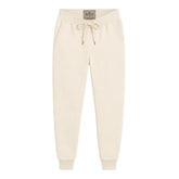 Calça de moletom masculina off white em fundo branco, vista frontal com cordão e punhos