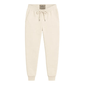 Calça de moletom masculina off white em fundo branco, vista frontal com cordão e punhos