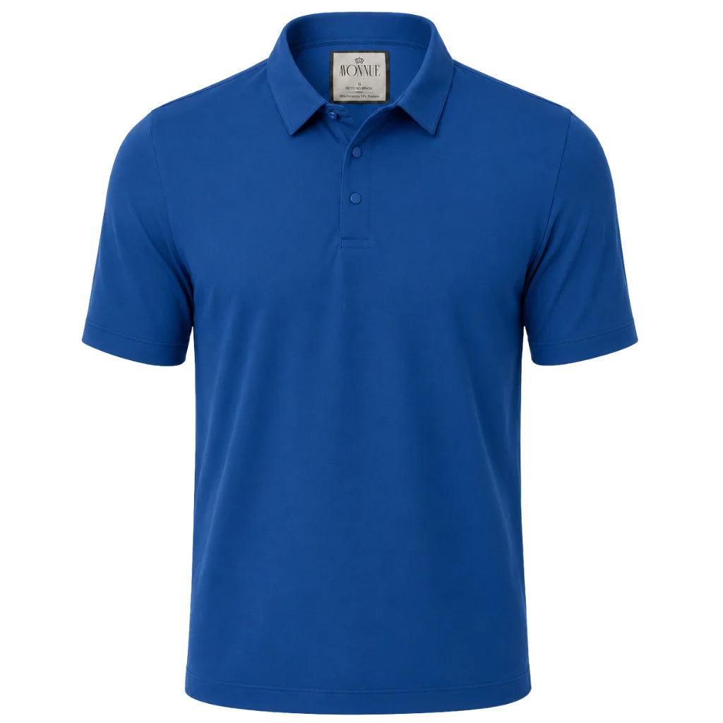 Camisa polo masculina tech azul frente em fundo branco