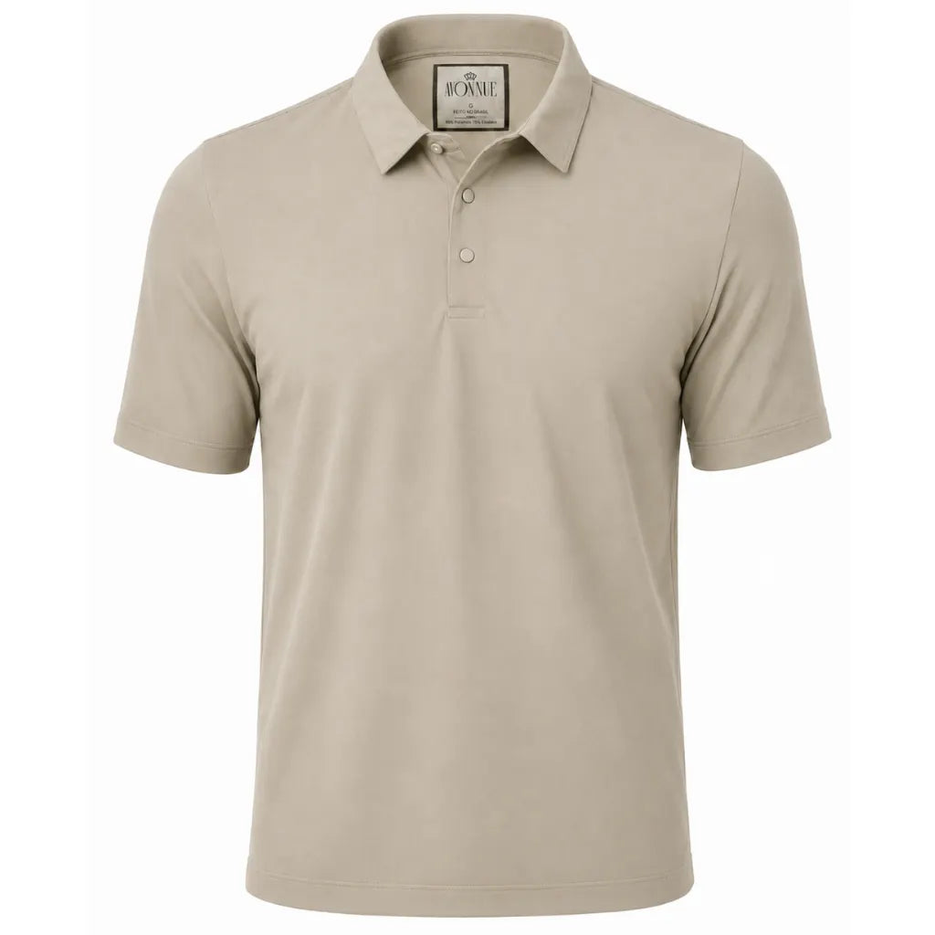 Camisa polo masculina tech bege frente em fundo branco