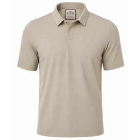 Camisa polo masculina tech bege frente em fundo branco
