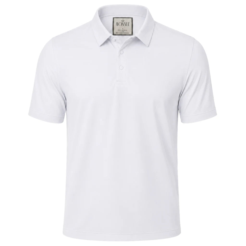 Camisa polo masculina tech branca frente em fundo branco