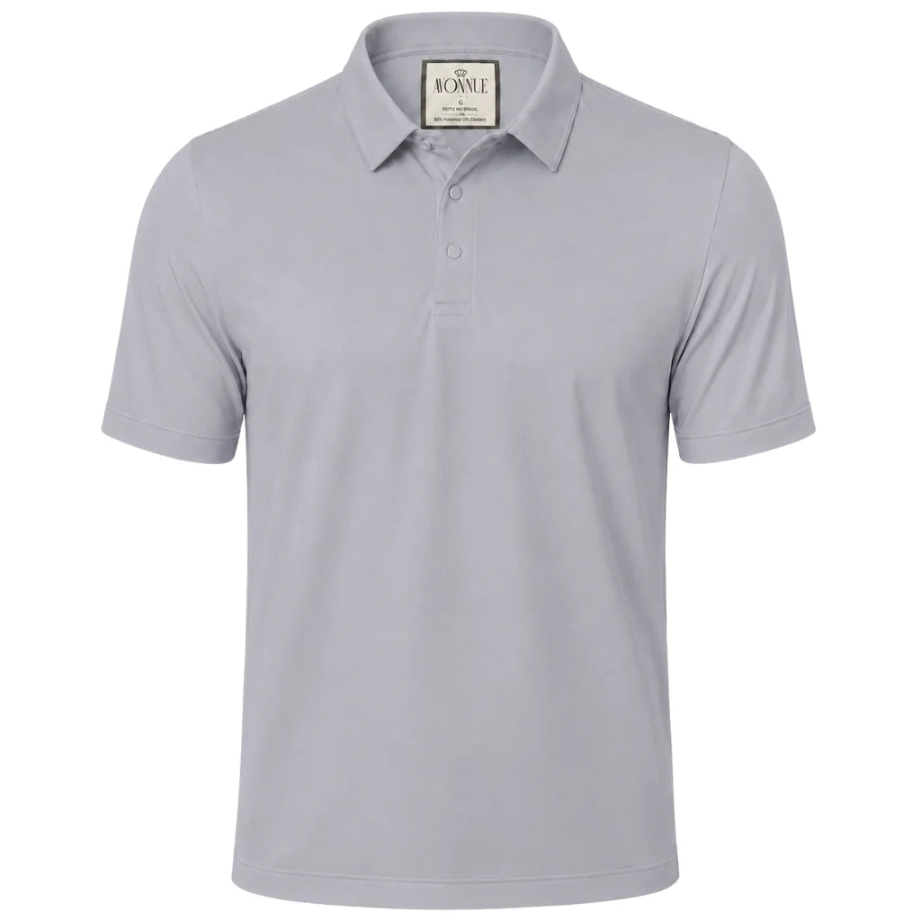 Camisa polo masculina tech cinza frente em fundo branco