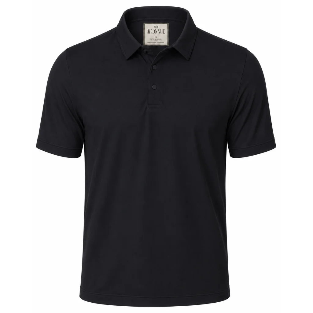 Camisa polo masculina tech preta frente em fundo branco