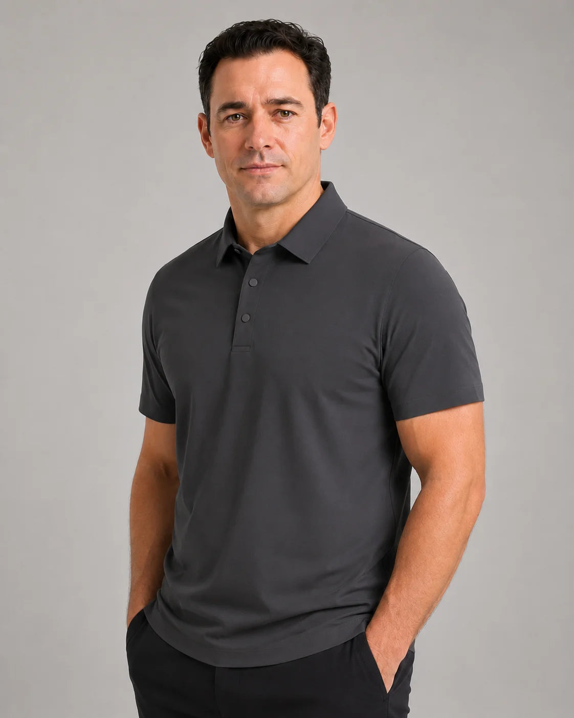 Camisa Polo Masculina TechVero Grafite, vista lateral no corpo em fundo branco.