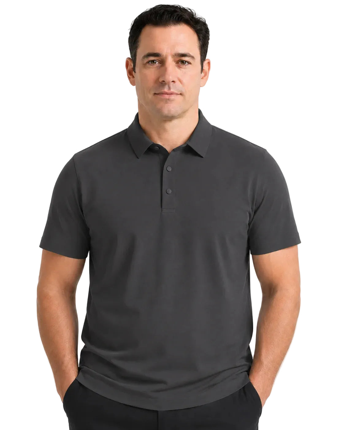 Camisa Polo Masculina TechVero Grafite, vista de frente em fundo branco.