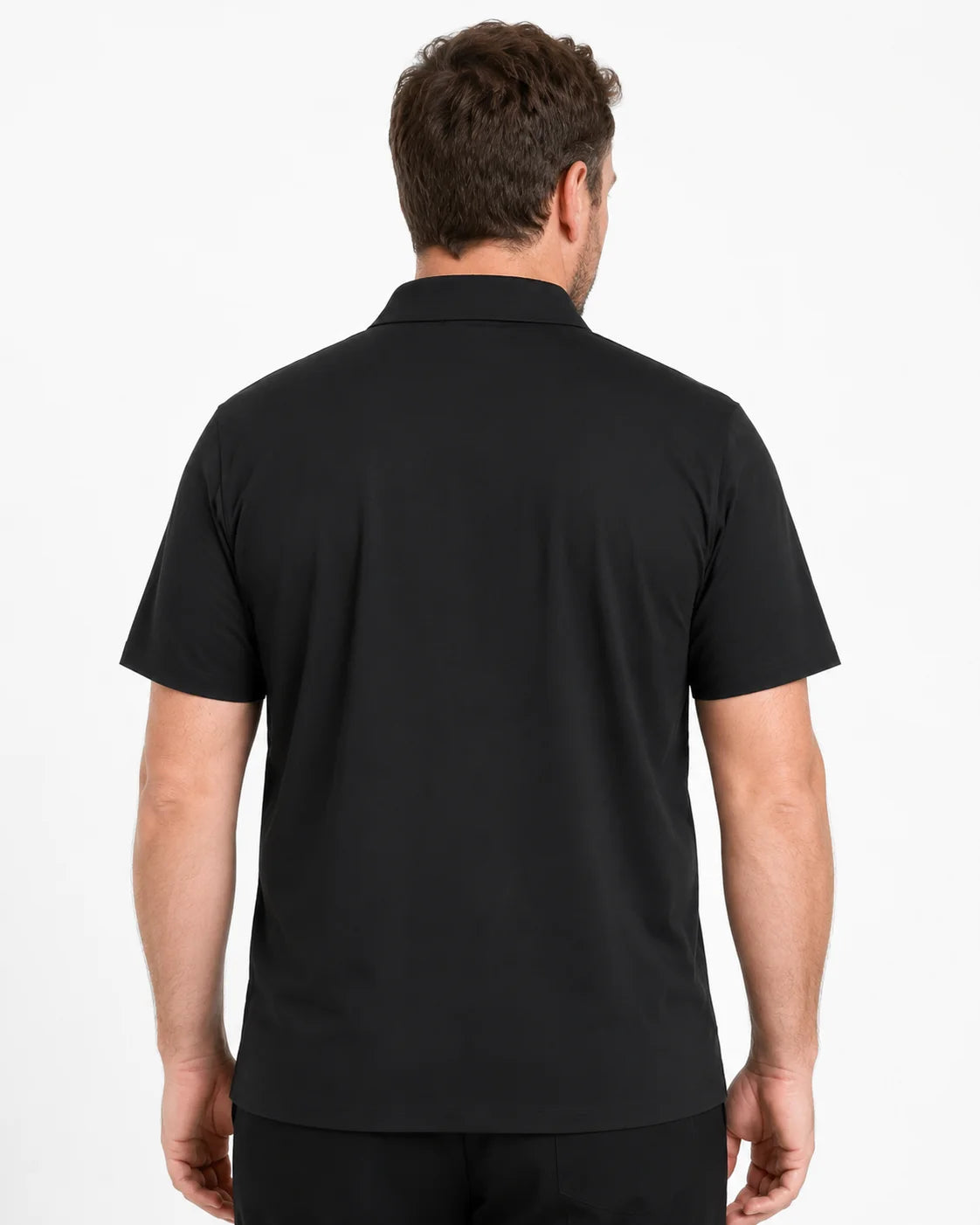 Camisa Polo Masculina TechVero Preta, vista de costas em fundo branco.