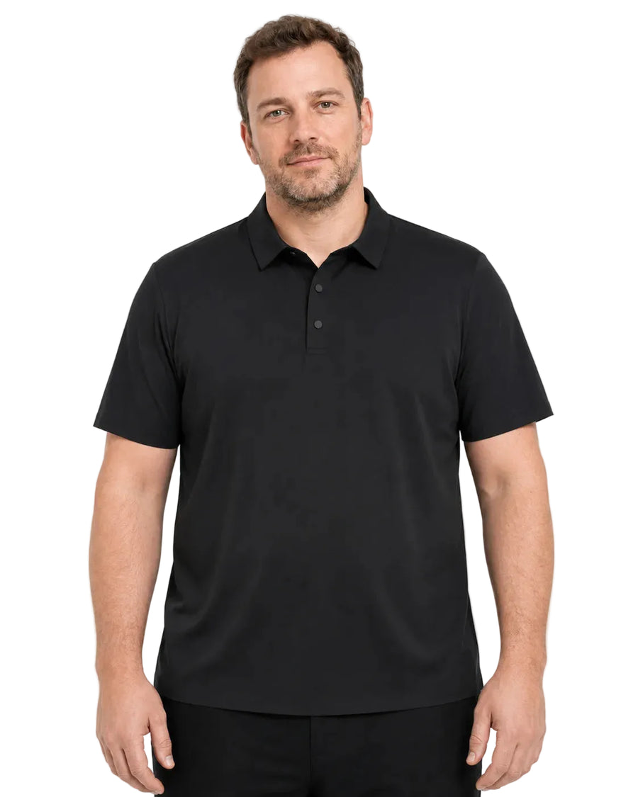 Camisa Polo Masculina TechVero Preta, vista de frente em fundo branco.