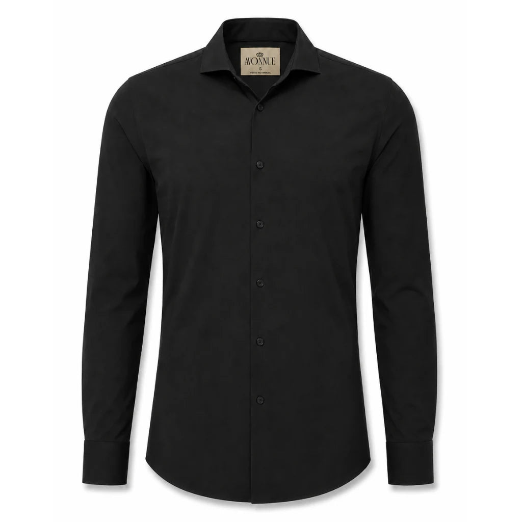 Camisa social masculina tech stretch preta em fundo branco