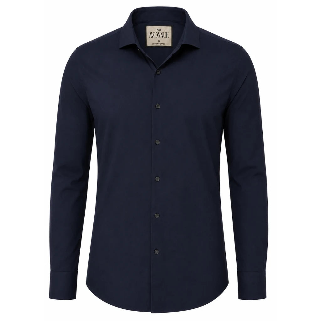Camisa social masculina tech stretch azul marinho em fundo branco