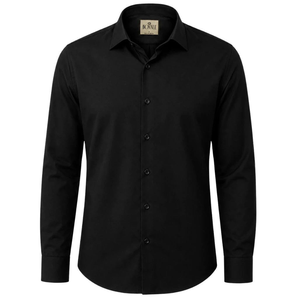Camisa social masculina tech twill preta frente em fundo branco