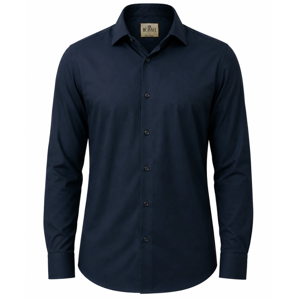 Camisa social masculina tech twill azul marinho frente em fundo branco