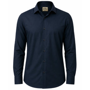 Camisa social masculina tech twill azul marinho frente em fundo branco