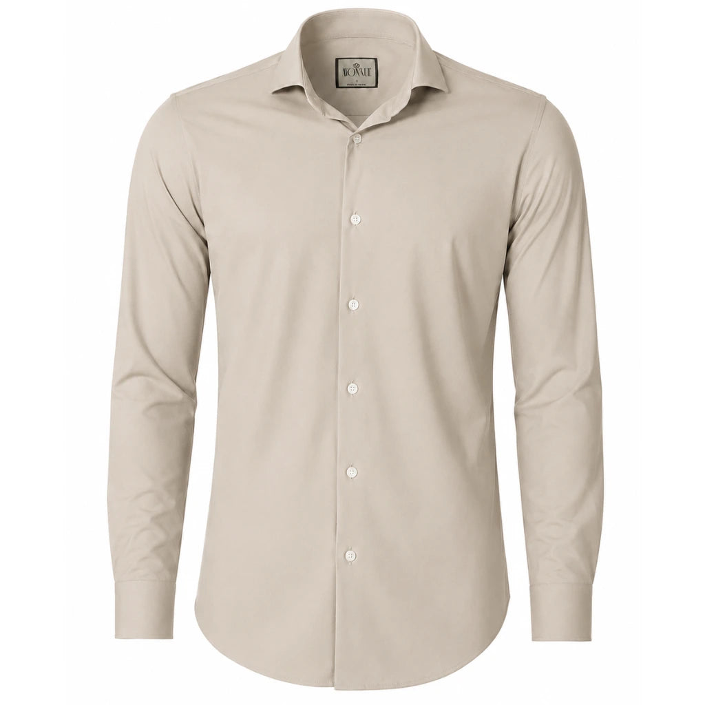 Camisa social masculina tech twill bege em look masculino