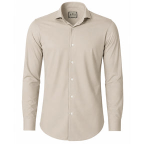 Camisa social masculina tech twill bege em look masculino