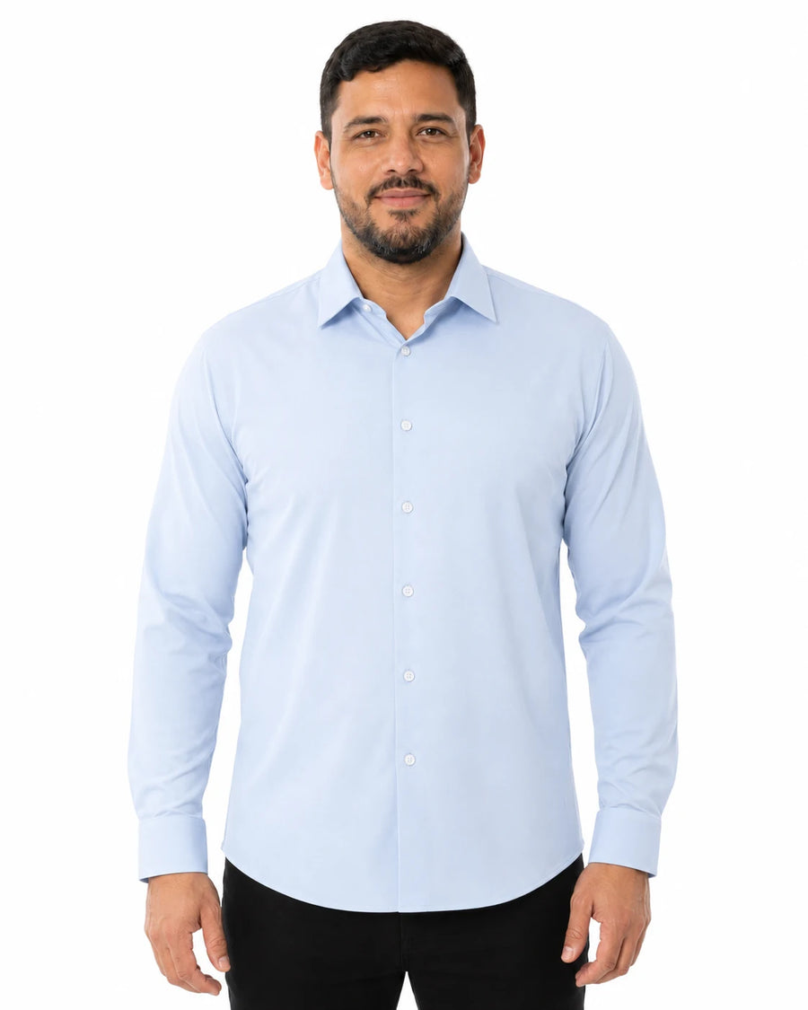 Camisa Social Masculina TechMatteo Azul, vista de frente em fundo branco.