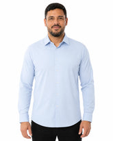 Camisa Social Masculina TechMatteo Azul, vista de frente em fundo branco.