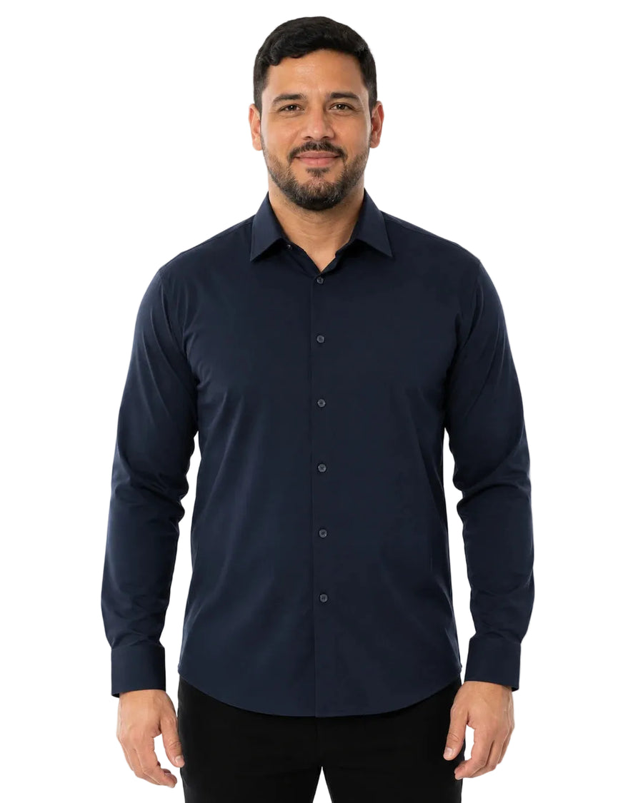 Camisa Social Masculina TechMatteo Azul Marinho, vista de frente em fundo branco.