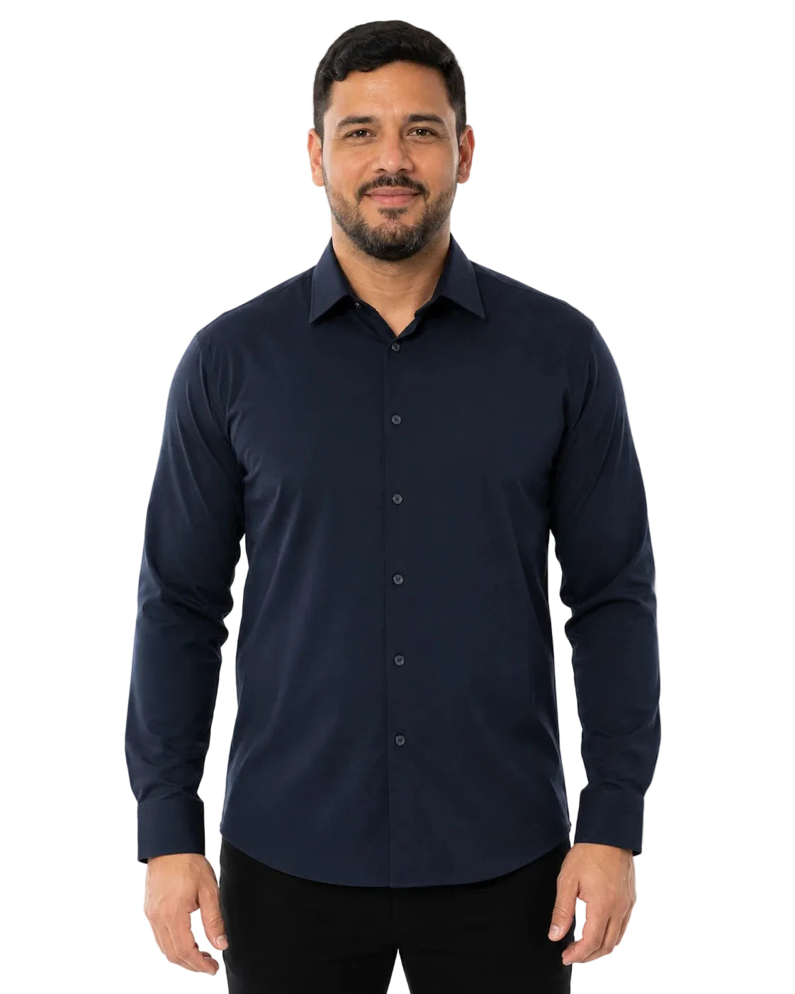 Camisa Social Masculina TechMatteo Azul Marinho, vista de frente em fundo branco.