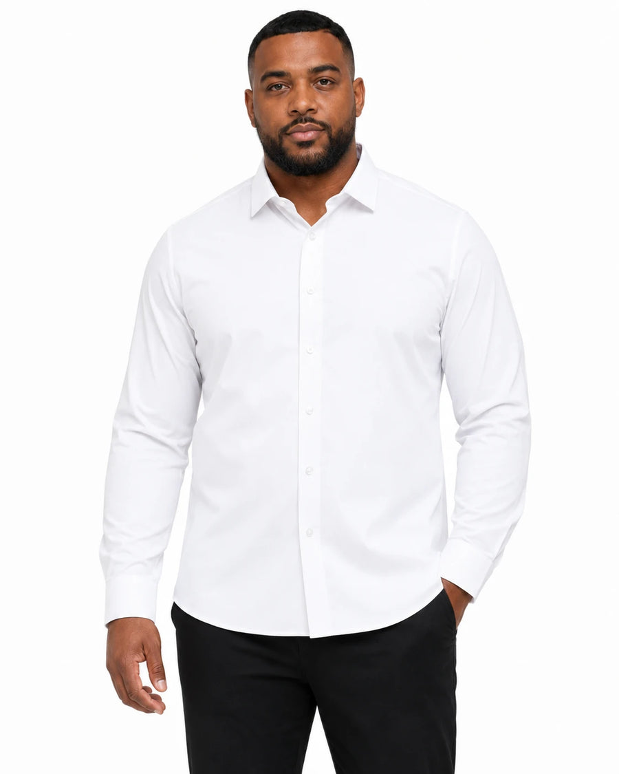 Camisa Social Masculina TechMatteo Branca, vista de frente em fundo branco.