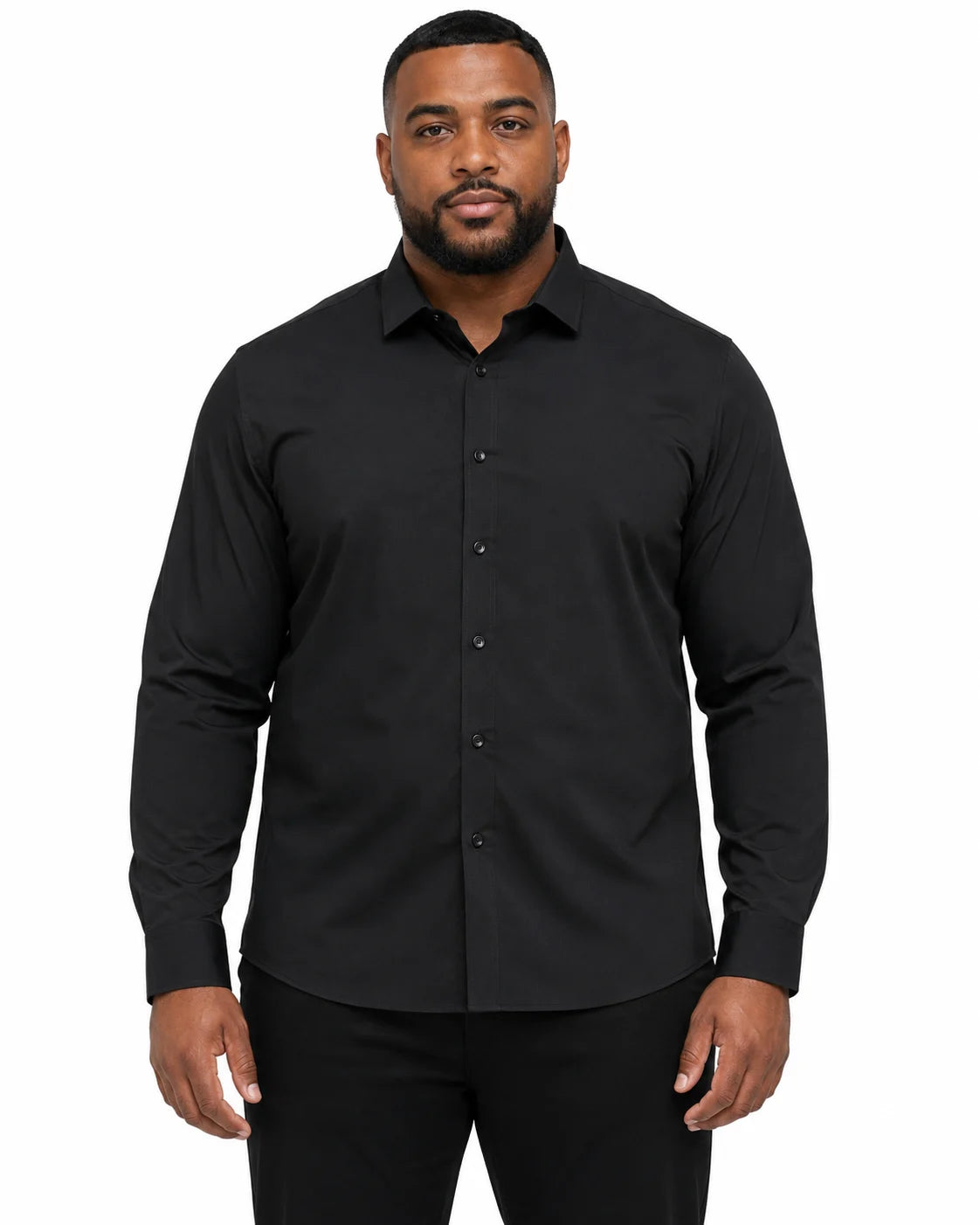 Camisa Social Masculina TechMatteo Preta, vista de frente em fundo branco.