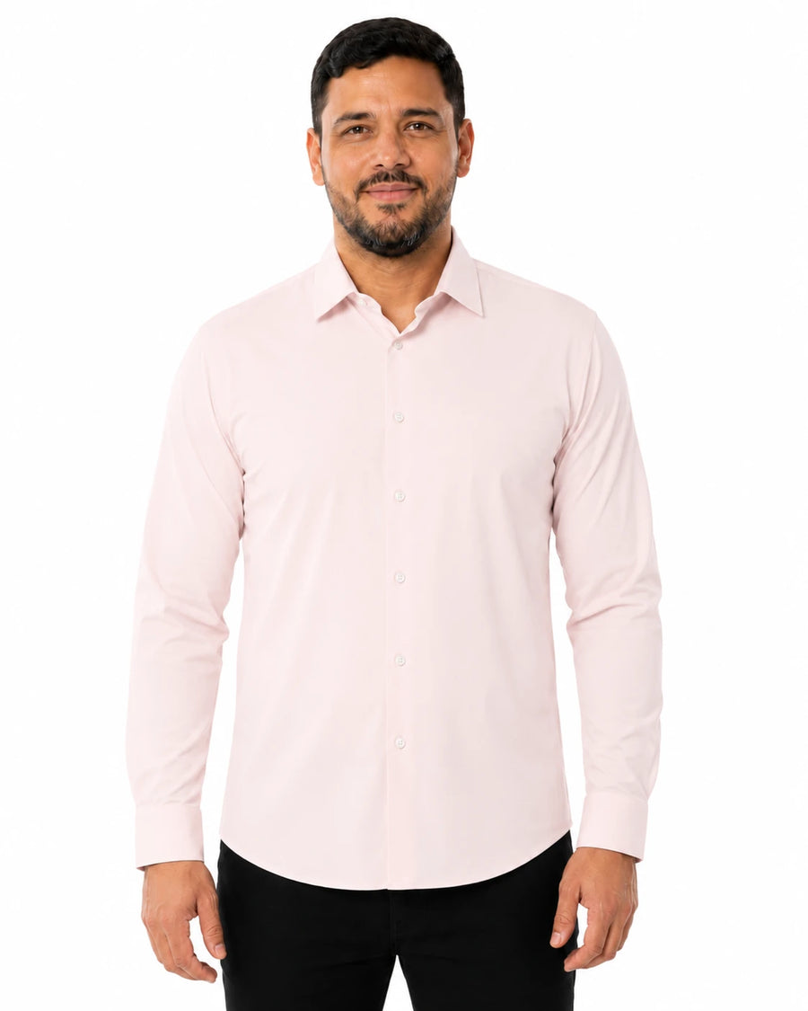 Camisa Social Masculina TechMatteo Rosa, vista de frente em fundo branco.