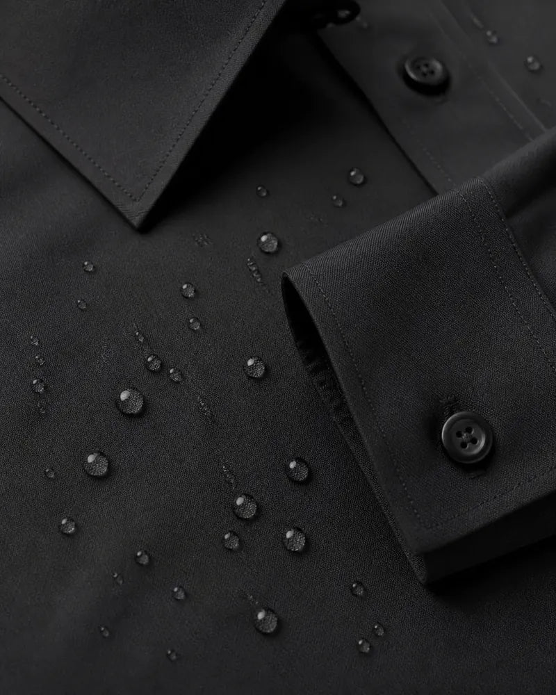 Camisa Social Tech Matteo preta dobrada, com gotas de água sobre o tecido e destaque para a gola, o punho, os botões e as costuras.