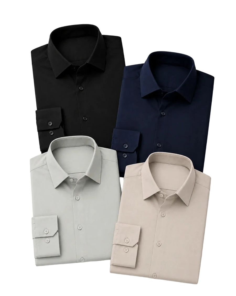Quatro camisas sociais masculinas TechVitto dobradas sobre fundo branco: uma preta no canto superior esquerdo, uma azul-marinho no superior direito, uma verde-clara no inferior esquerdo e uma bege no inferior direito. Todas têm manga longa, gola estruturada, botões no mesmo tom e punhos visíveis.