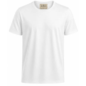 Camiseta masculina branca de algodão egípcio em fundo branco, vista frontal