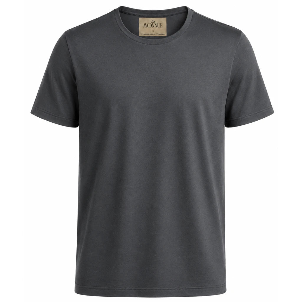 Camiseta masculina cinza de algodão egípcio em fundo branco, vista frontal
