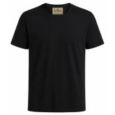 Camiseta masculina preta de algodão egípcio em fundo branco, vista frontal