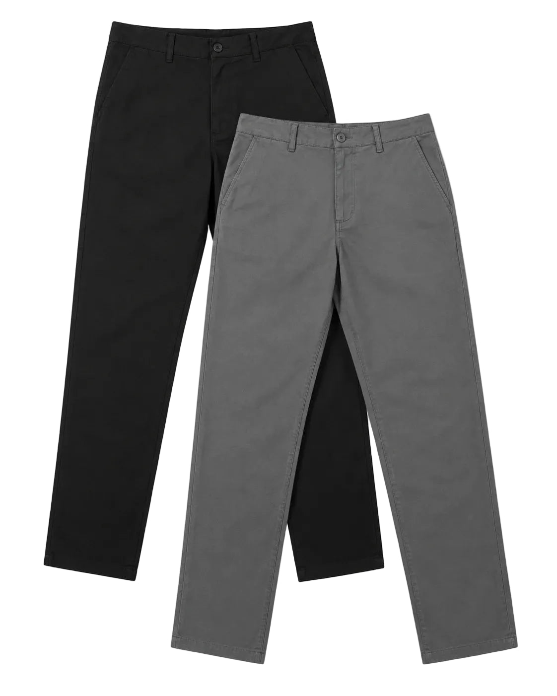 Kit com duas calças masculinas de sarja sobre fundo branco, sendo uma preta posicionada atrás e uma cinza à frente. As duas aparecem inteiras, com corte reto, passantes, botão e bolsos laterais.