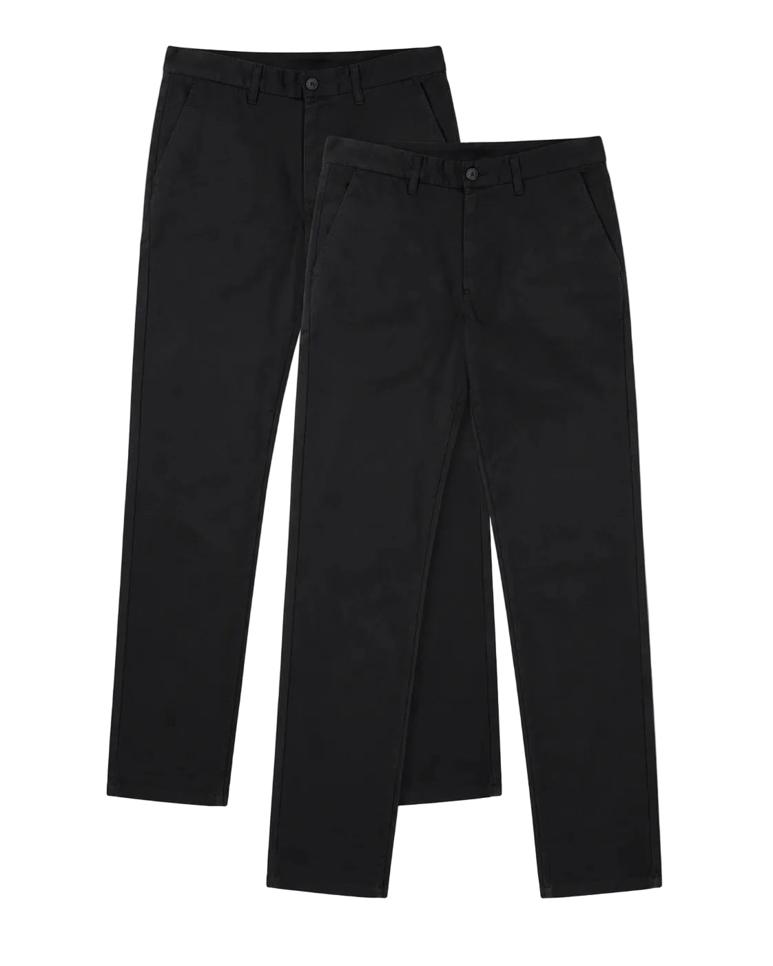 Kit com duas calças masculinas de sarja preta sobrepostas em fundo branco. Uma calça está posicionada atrás e outra à frente, ambas inteiras, com corte reto, passantes, botão e bolsos laterais.