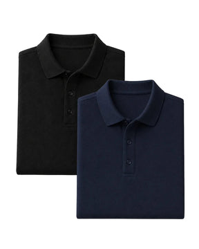 Kit com duas camisas polo masculinas PimaSenso dobradas sobre fundo claro. A polo preta aparece atrás, à esquerda, e a azul-marinho à frente, à direita. Ambas têm gola estruturada e fechamento frontal com três botões.